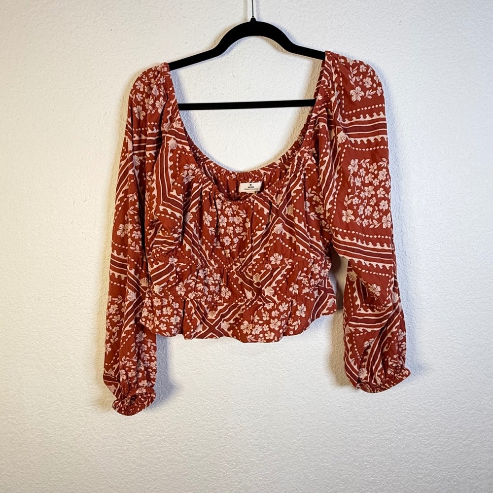 Rip Curl Womens cropped Blouse Long Sleeve Rust Floral Boho Size L